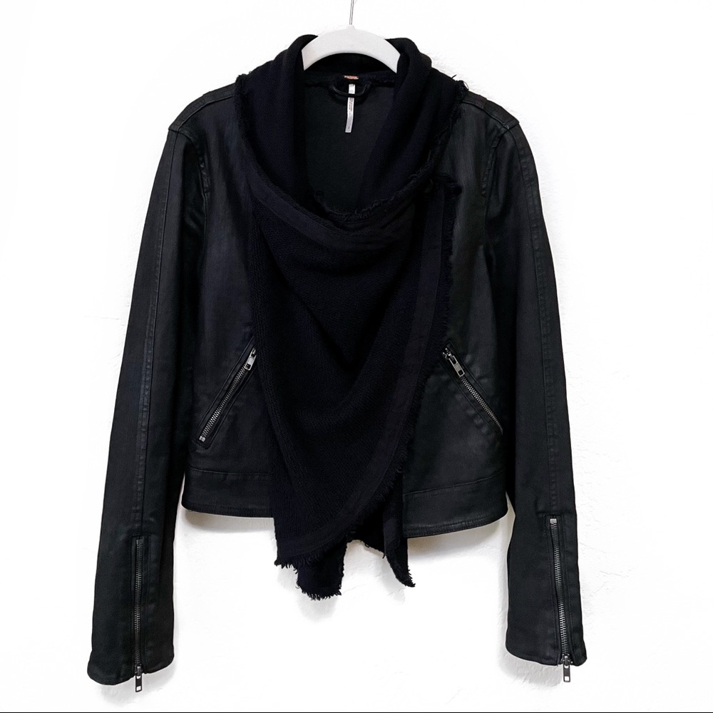 free people Drape Front Coated Moto Jean Jacket in Black Combo - 2